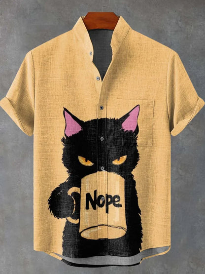 Rebellious Black Cat Holding Water Cup Decorative Pattern Casual 100% Cotton Shirt