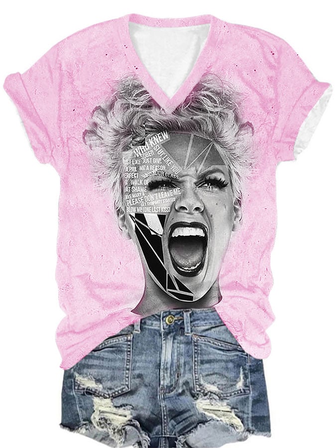 Women's Diva Concert Print Casual V-Neck T-Shirt