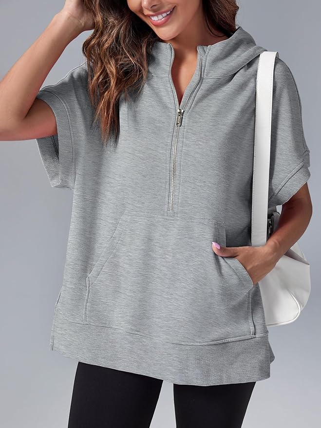 Oversized Casual Half Zip Short Sleeve Pullover Tops with Pockets