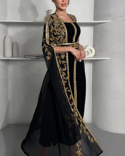 Women's Square Neck Shawl Embroidered Kaftan Dress