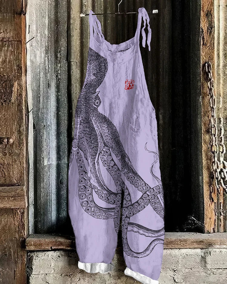 Japanese Art Octopus And Crab Print Casual Art Linen Loose Casual Jumpsuit