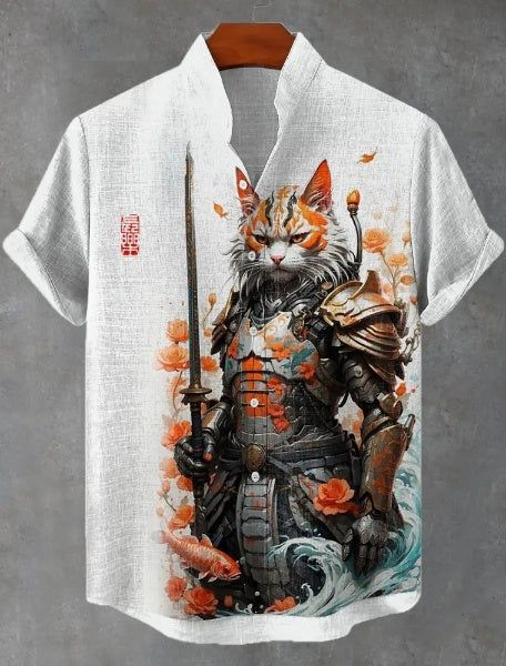 Men's Japan Lucky Koi Cat Warrior Ink Painting 100% Cotton Shirt