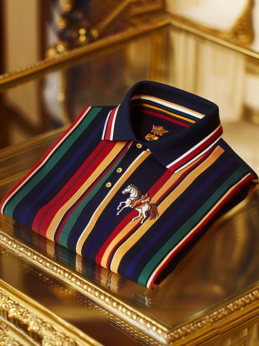 Men's Retro Business Stripe Print Long Sleeve Polo Shirt