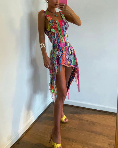 Rainbow Braided Fringed Mini Dress