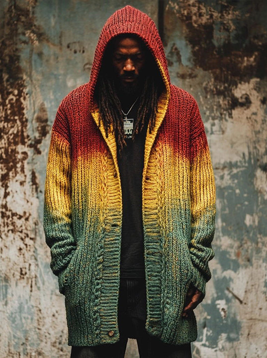 Men's Reggae Inspired Contrast Color Knit Hooded Cardigan