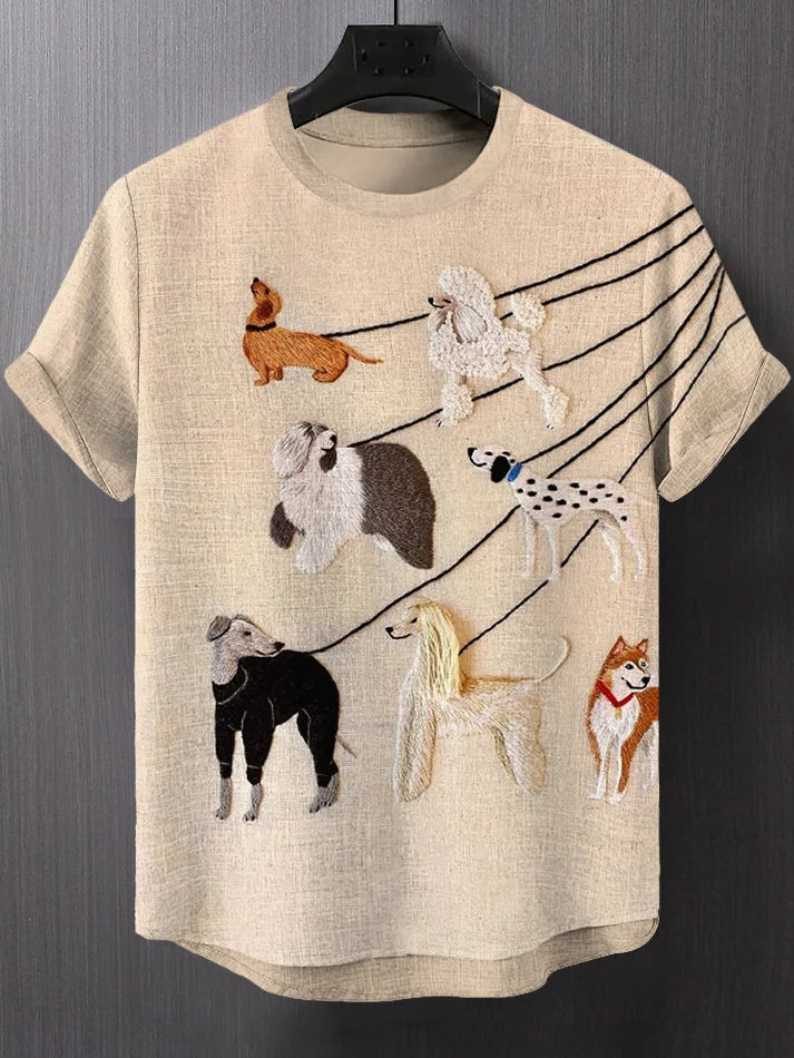 Men's Dog Walking On A Leash Art Print Linen Blend Casual Animals Shirt