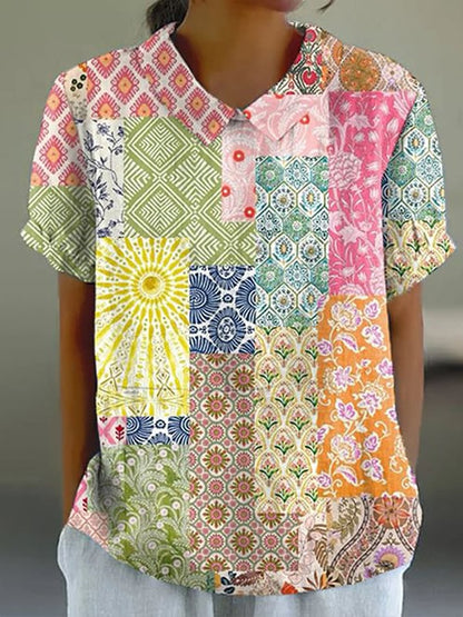 Spring And Summer New Puzzle Flower Printing Fashion Casual Versatile Short -Sleeved T -Shirt