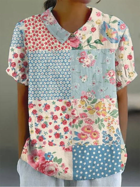 Spring And Summer New Puzzle Flower Printing Fashion Casual Versatile Short -Sleeved T -Shirt