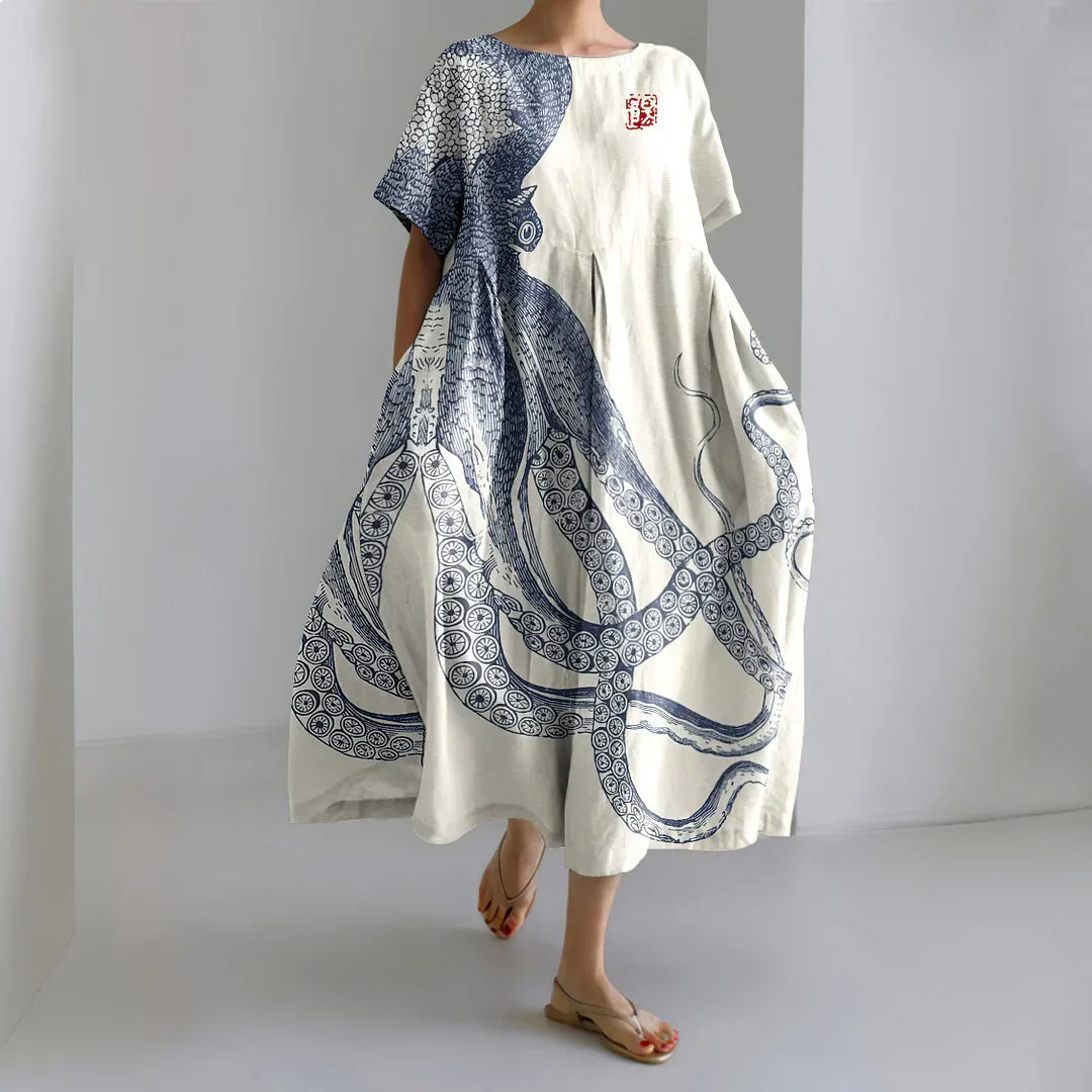 Japanese Art Octopus And Crab Print Casual Art Linen Blend Maxi Dress