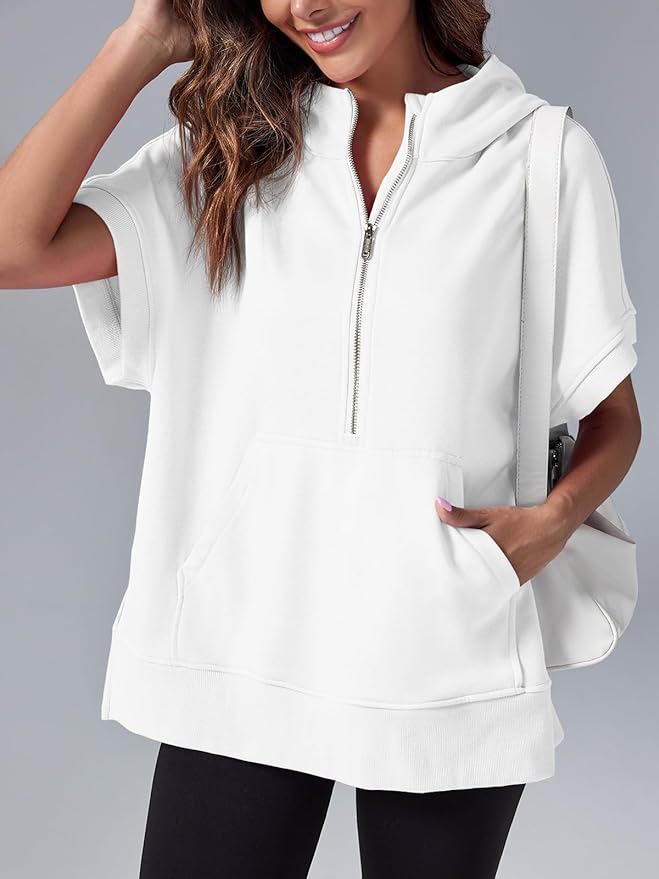 Oversized Casual Half Zip Short Sleeve Pullover Tops with Pockets