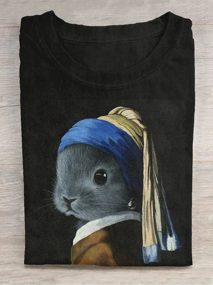 Unisex Cute Rabbit Bunny Illustration Print Casual Crew Neck T-Shirt