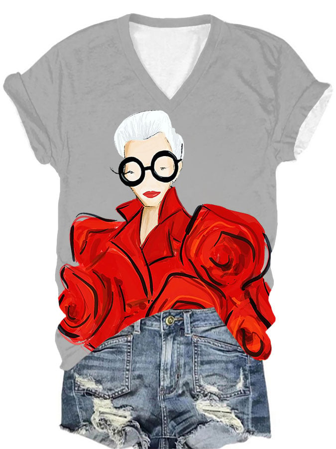 Women's Iris Apfel Print V-Neck T-Shirt