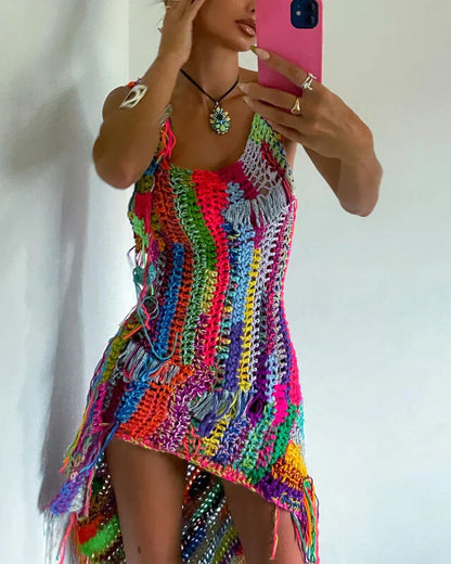 Rainbow Braided Fringed Mini Dress