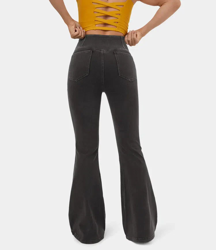 Stretchy Denim High Waisted Crossover Flare Pants