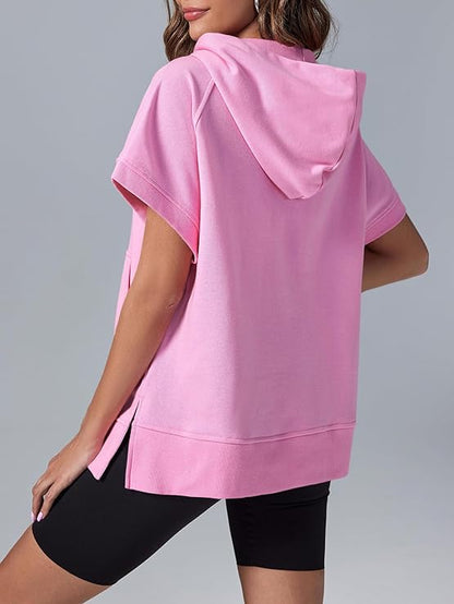 Oversized Casual Half Zip Short Sleeve Pullover Tops with Pockets