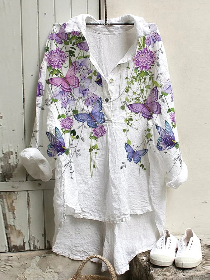 Women's Loose Versatile Flower Butterfly Printed Long -Sleeved Shirt