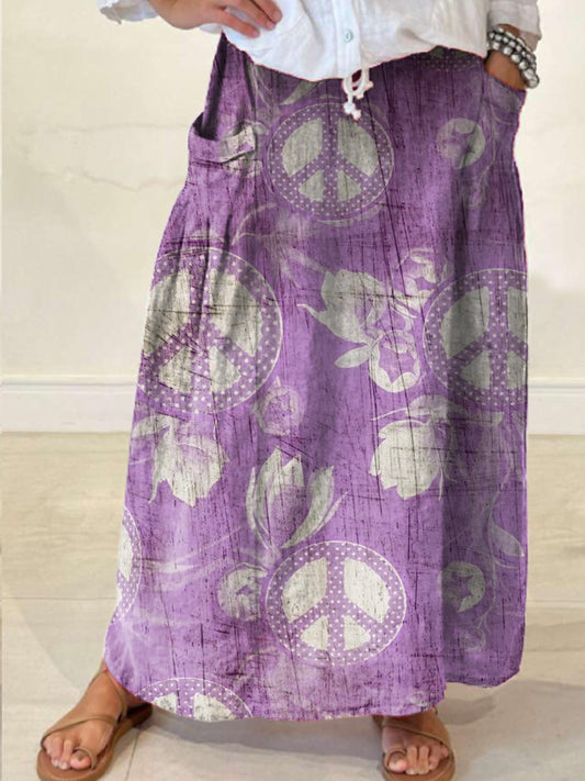 Women's Retro Hippie Art Print Linen Pocket Skirt