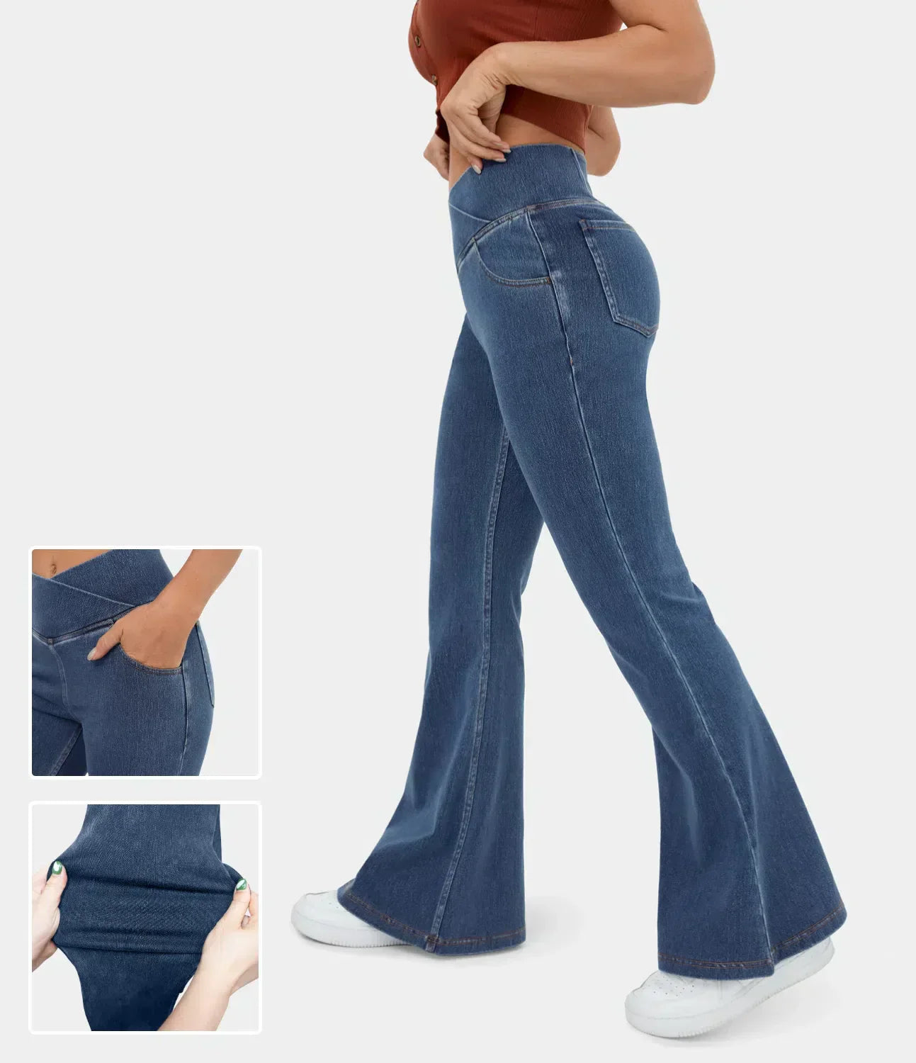 Stretchy Denim High Waisted Crossover Flare Pants