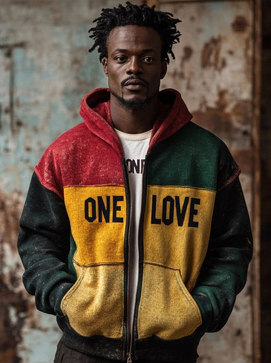 Men's Reggae Inspired One Love Print Hooded Cardigan