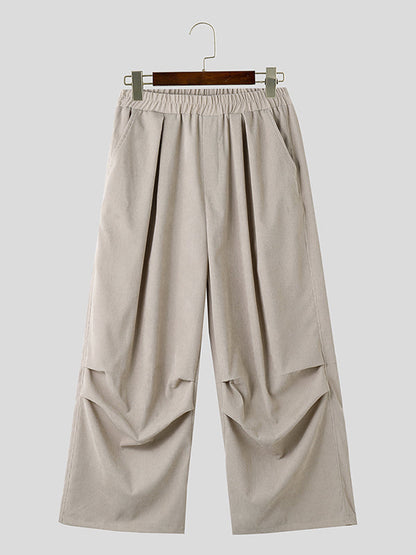 Mens Solid Corduroy Casual Wide Leg Pants