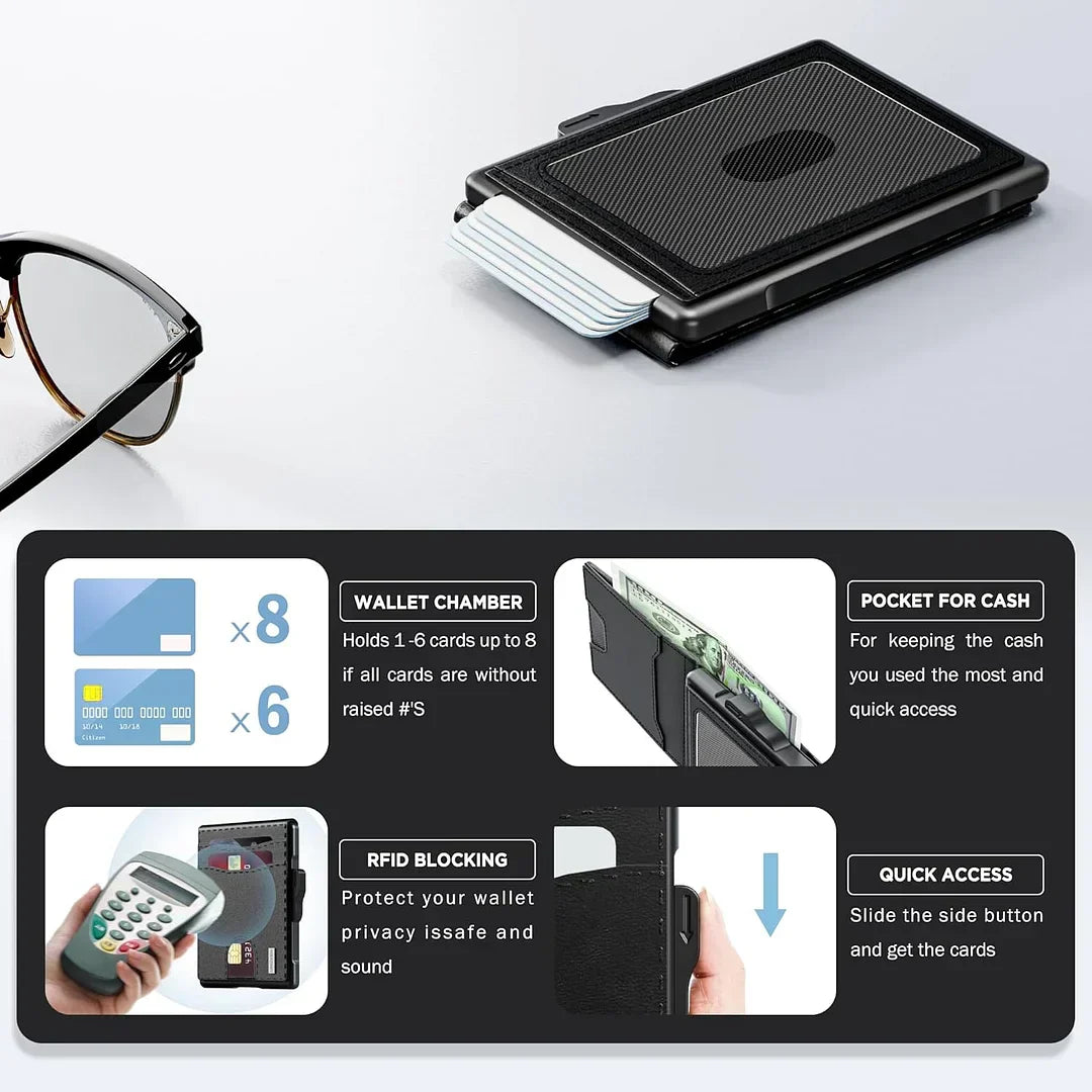 Slim Aluminum Wallet with RFID Blocking, Minimalist Leather Wallet Front Pocket with ID Window