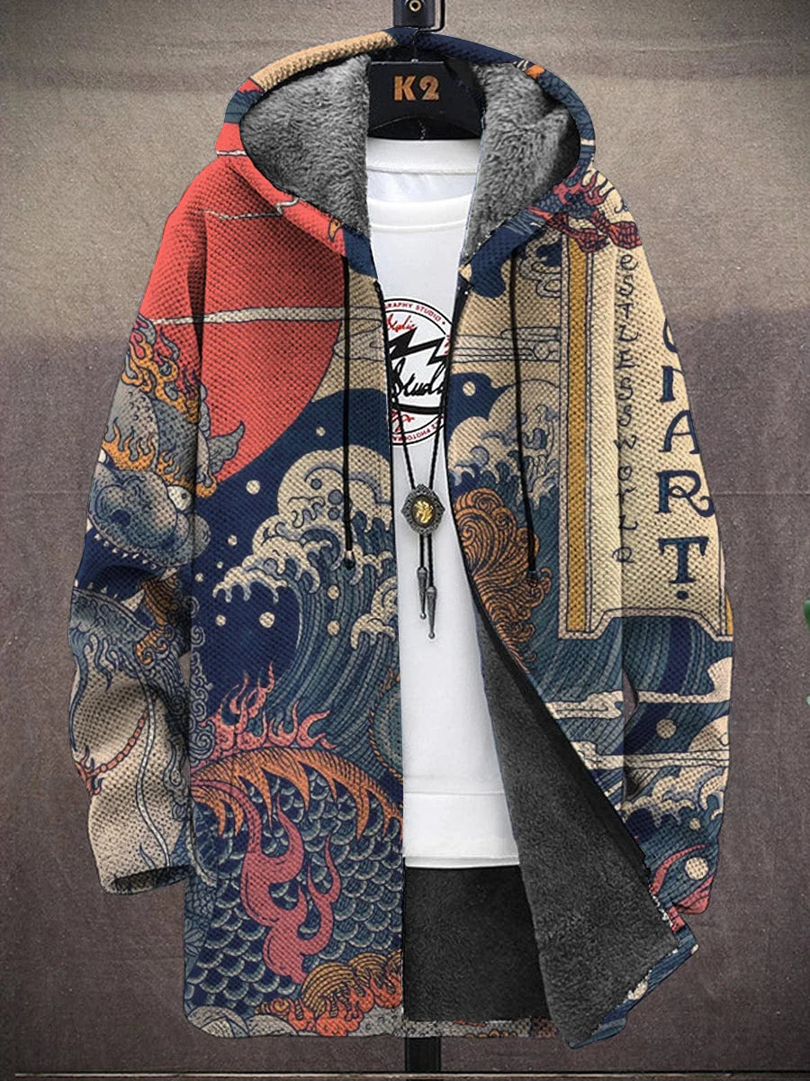 Men's Japanese Style Vintage Print Hooded Two-Pocket Fleece Jacket