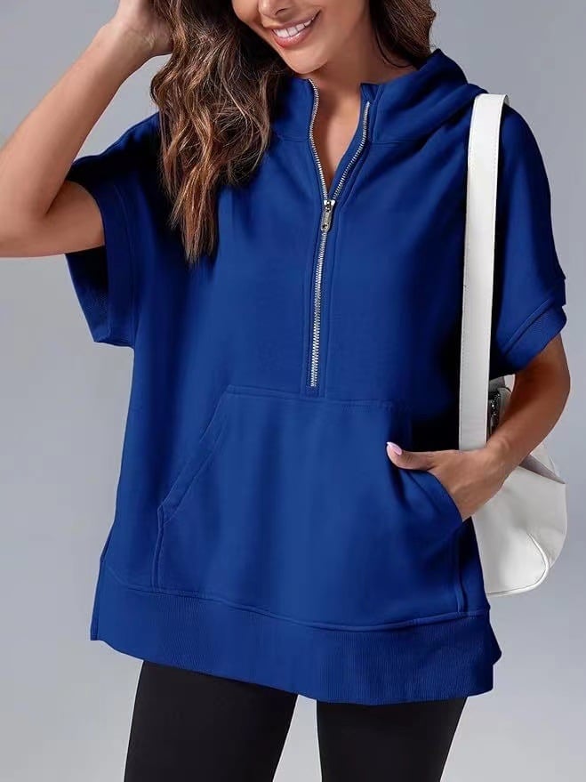 Oversized Casual Half Zip Short Sleeve Pullover Tops with Pockets