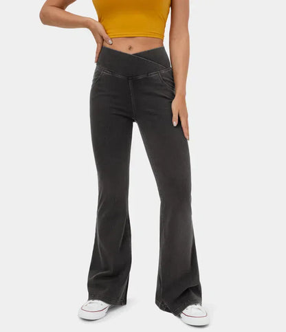 Stretchy Denim High Waisted Crossover Flare Pants