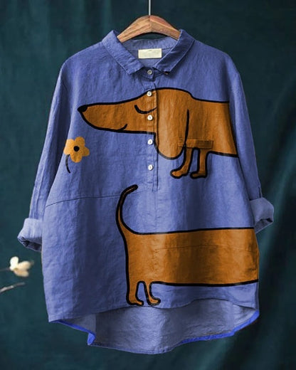 Cute Dachshund Floral Art Print Cotton And Linen Long Sleeve Shirt