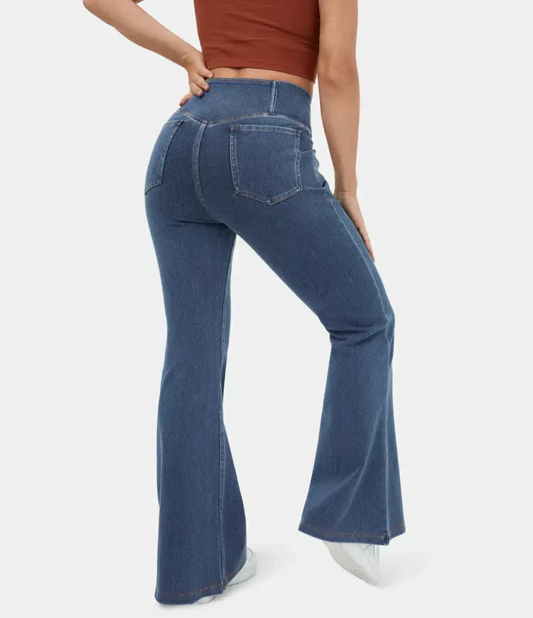 Stretchy Denim High Waisted Crossover Flare Pants