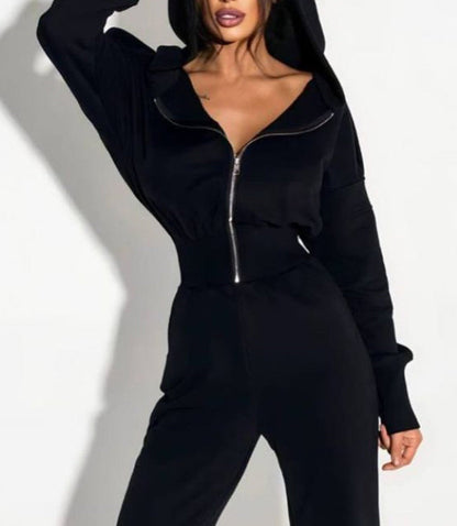 Solid Color Hooded Zipper Slim Fit Sports Jumpsuit