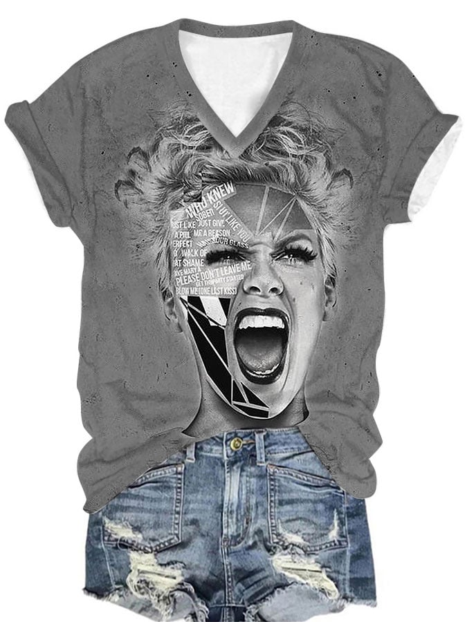 Women's Diva Concert Print Casual V-Neck T-Shirt