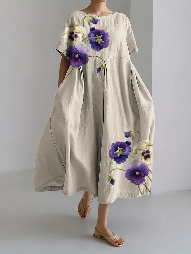 Classy Pansy Flowers Embroidered Linen Blend Maxi Dress