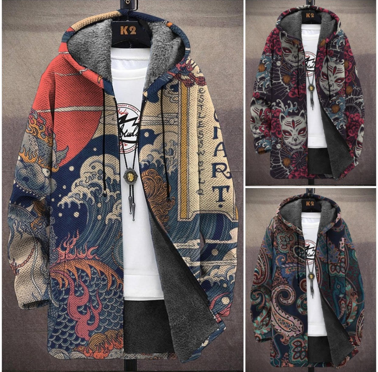 Men's Japanese Style Vintage Print Hooded Two-Pocket Fleece Jacket