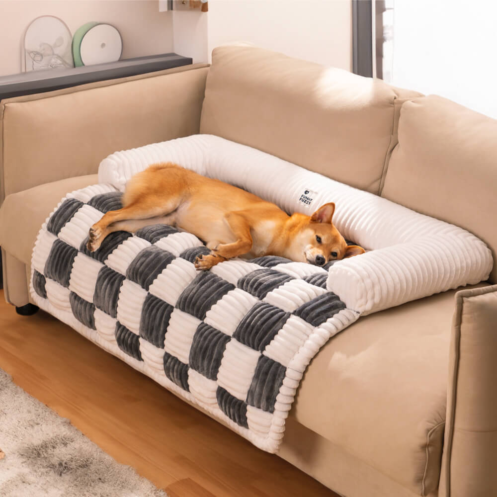 Cream Square Plaid Cozy Dog Mat Furniture Protector Cover