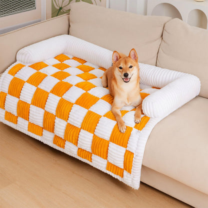 Cream Square Plaid Cozy Dog Mat Furniture Protector Cover