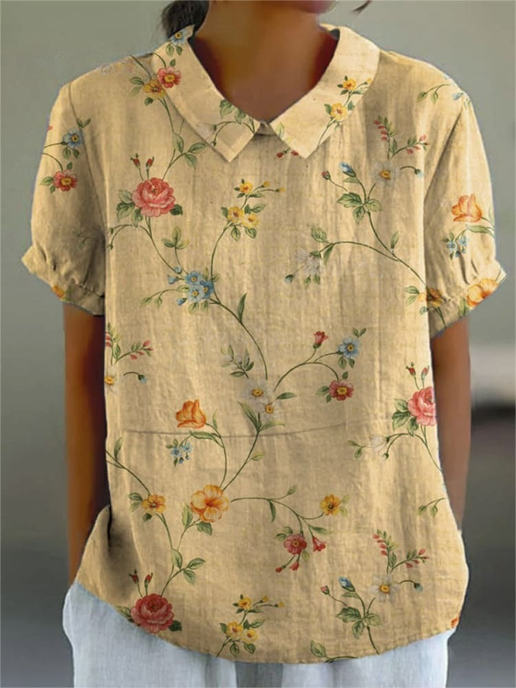 Women's Retro Floral Art Print Casual Cotton and Linen Shirt