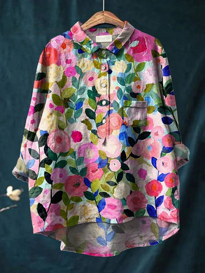 Colorful Spring Floral Garden Printed Women's Casual Cotton And Linen Shirt