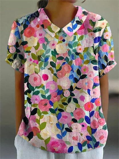 Colorful Spring Floral Garden Printed Women's Casual Cotton And Linen Shirt