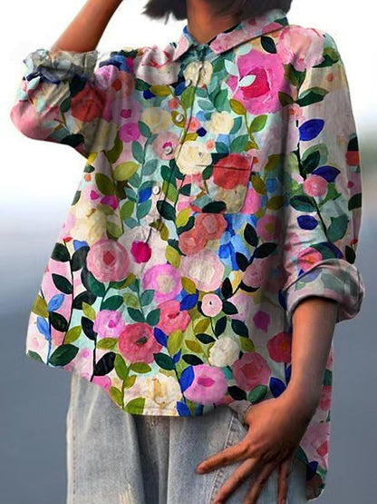 Colorful Spring Floral Garden Printed Women's Casual Cotton And Linen Shirt