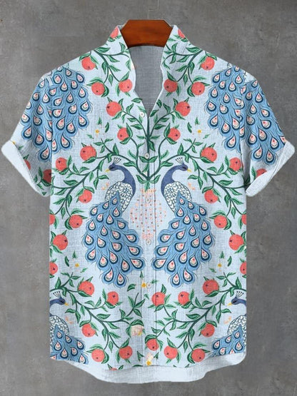 Men's Plant Flower Peacock Tropical Art Print Short Sleeve Linen Blend Shirt