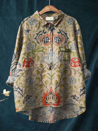 Women's Vintage Ethnic Floral Art Print Casual Cotton And Linen Shirt