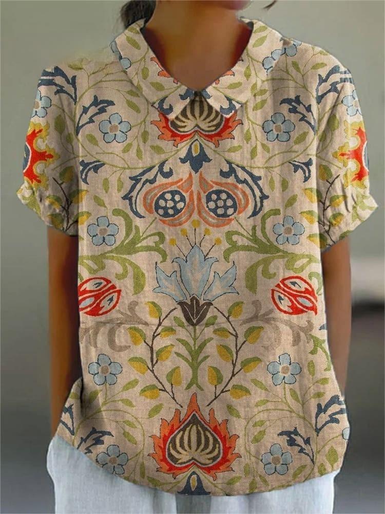 Women's Vintage Ethnic Floral Art Print Casual Cotton And Linen Shirt