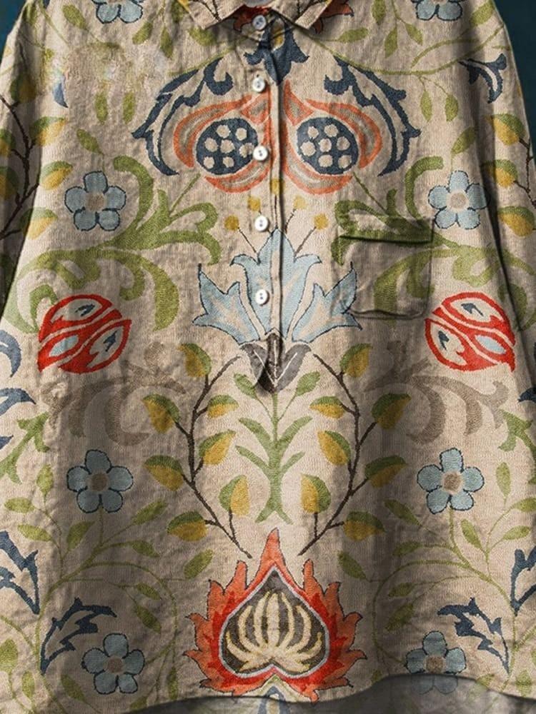 Women's Vintage Ethnic Floral Art Print Casual Cotton And Linen Shirt