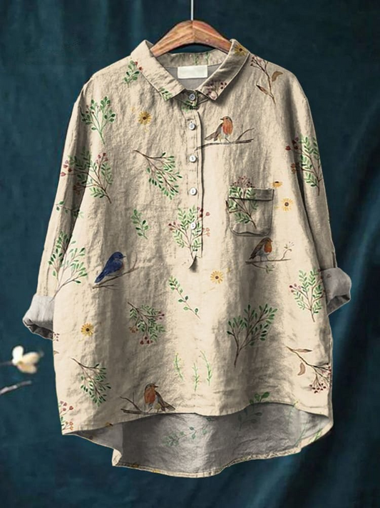 Boughs And Robin Birds Pattern Printed Women's Casual Cotton And Linen Shirt