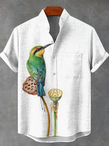 Birds And Lotuses Vintage Print Casual 100% Cotton Shirt