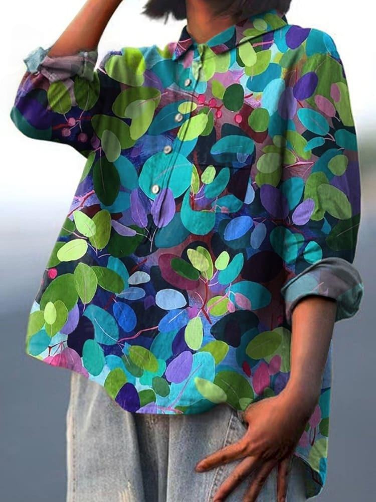 Summer Forest Art Printed Women's Casual Cotton And Linen Shirt