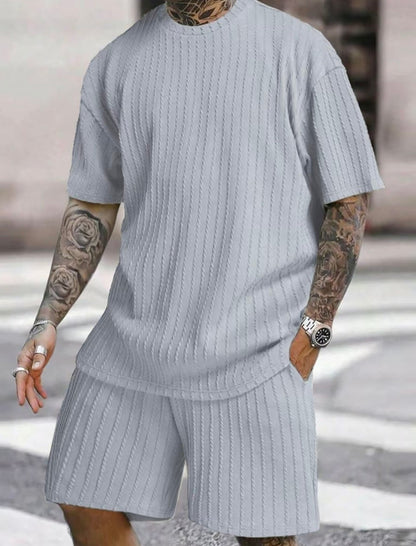 Men's Casual Textured Printed Short Sleeve Tee & Drawstring Waist Shorts Set