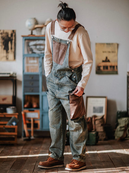 Contrast Overalls Distressed Denim Dungarees