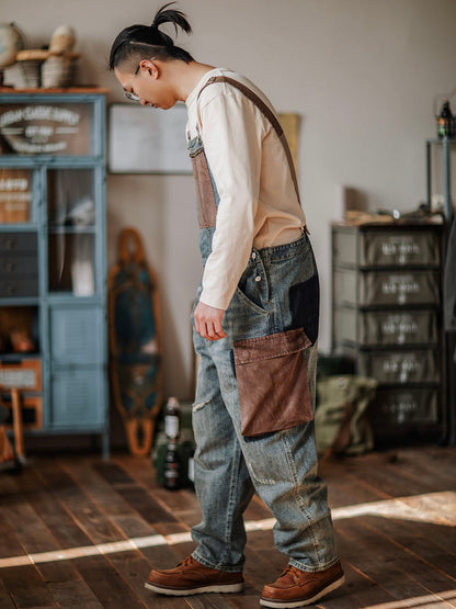 Contrast Overalls Distressed Denim Dungarees